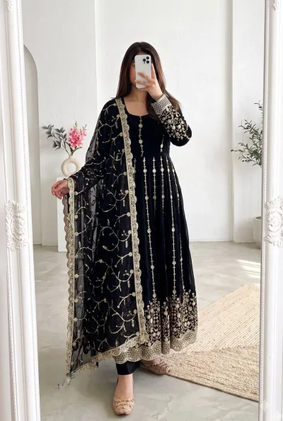 Midnight Black Gold Embroidered Anarkali Suit Set